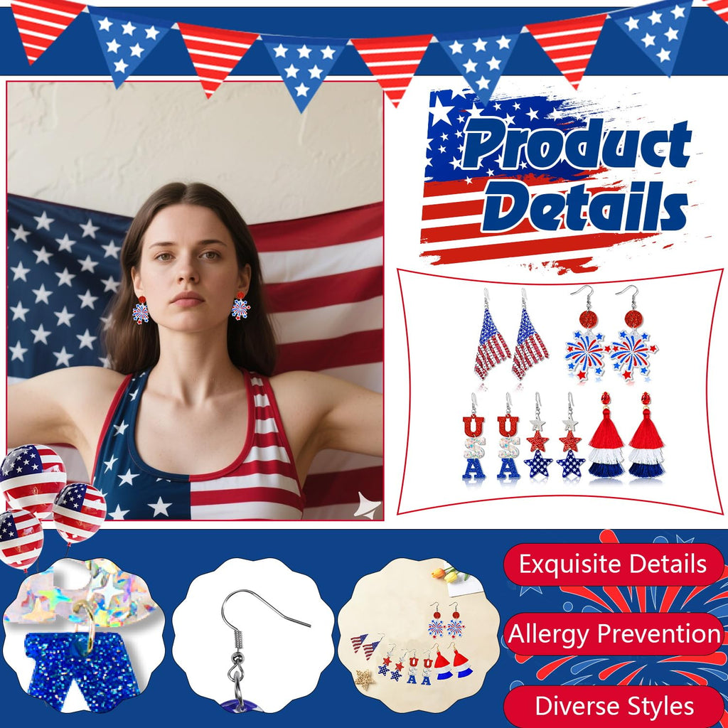 fulasiteu 5 Pairs Patriotic 4th of July Earrings for Women,American Flag Dangle Drop Stud Earrings Fourth of July Accessories Independence Memorial Day Party Favor Gift