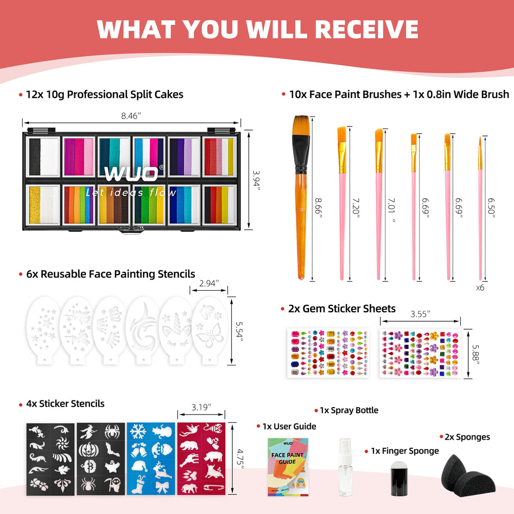 WUO Professional Face Painting Kit for Kids, 12x10g Split Cake Palette