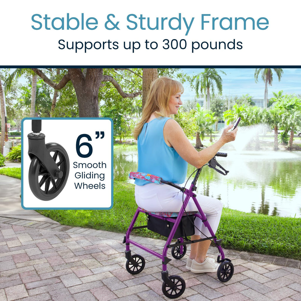 Vive Mobility Steel Rollator Walker with Seat - Foldable, Narrow, Rolling Senior Walker for Small Spaces - 4 Wheel Lightweight Adult Easy Drive with Underseat Storage, Adjustable Height (Black)