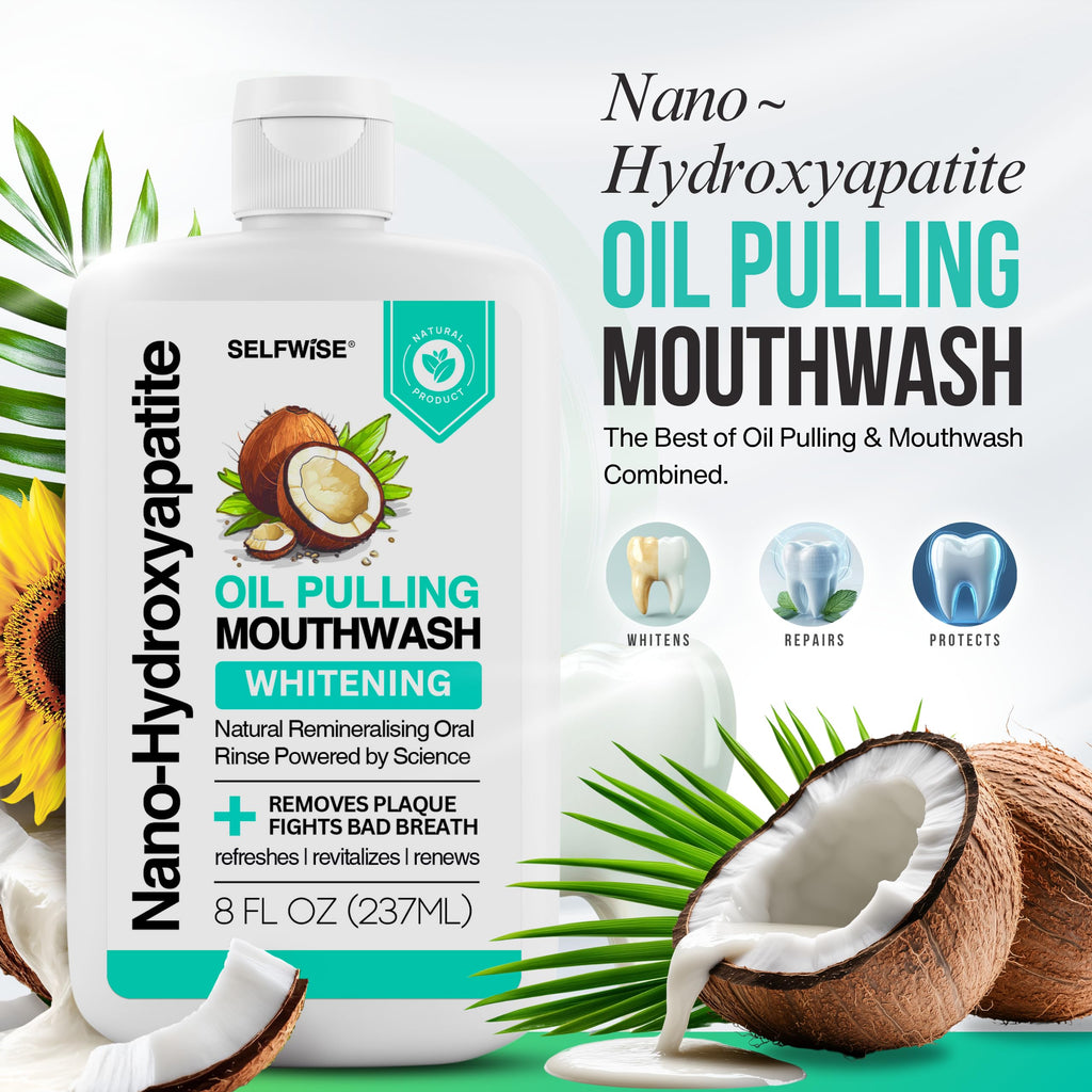 Nano-Hydroxyapatite Oil Pulling Whitening Mouthwash for Teeth and Gums, Natural & Organic, Whitens Teeth, Strengthens Enamel, Fights Bad Breath & Plaque – Smooth & Non-Greasy – for Adults & Kids 8oz