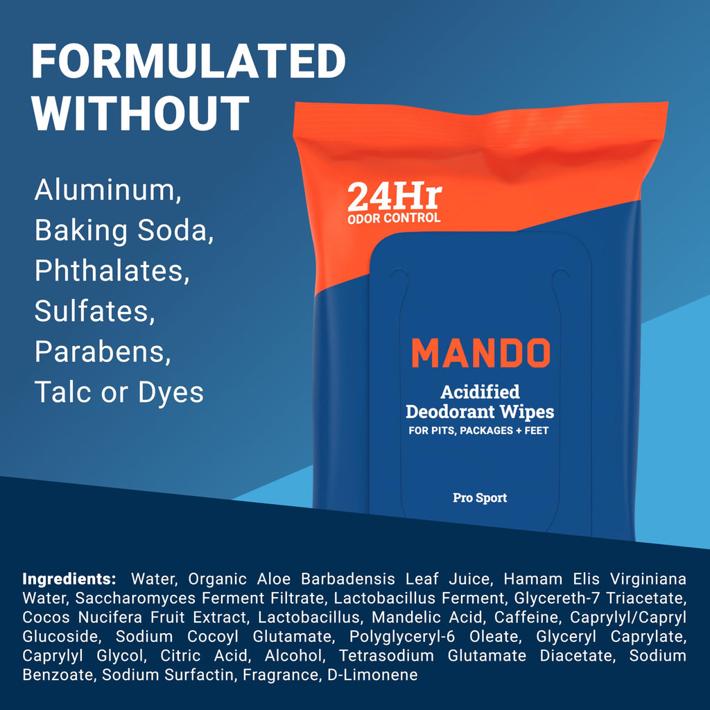 Mando Deodorant Wipes - 24 Hour Odor Control - Aluminum Free, Baking Soda Free, Skin Safe - 15 Count (Pack of 3)