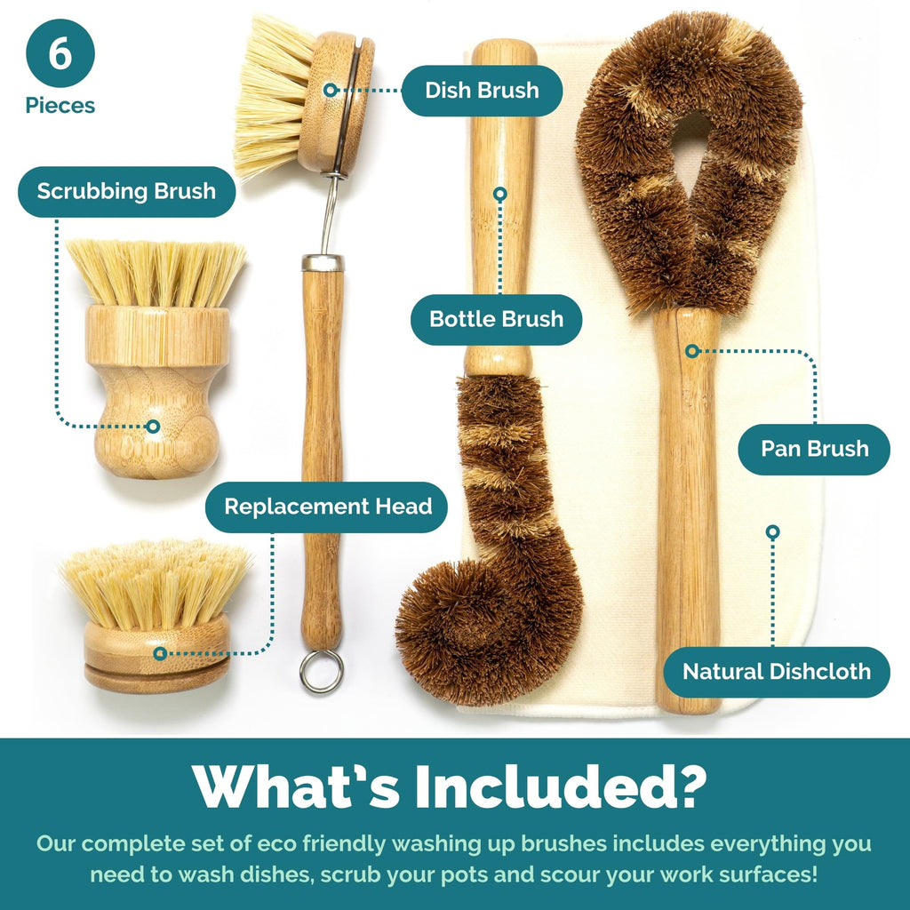 Jungle Culture® 6 Pack Bamboo Dish Brush Set for Washing Up • Natural Wooden Dish Brushes for Pans & Dishes • Eco Friendly Dish Scrubber for Bottles, Pots & Vegetables • Non Toxic & Plastic Free