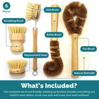 Jungle Culture® 6 Pack Bamboo Dish Brush Set for Washing Up • Natural Wooden Dish Brushes for Pans & Dishes • Eco Friendly Dish Scrubber for Bottles, Pots & Vegetables • Non Toxic & Plastic Free
