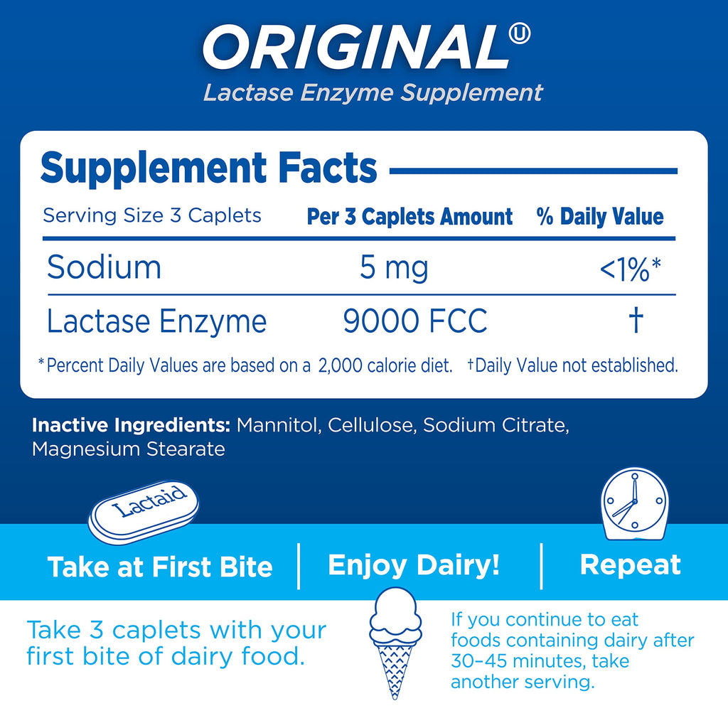 Lactaid Original Strength Lactose Intolerance Pills, 9000 FCC Natural Lactase Enzyme Dairy Relief Caplets, Helps Prevent Gas, Bloating & Diarrhea Due to Lactose Sensitivity in Adults & Kids, 120 Count