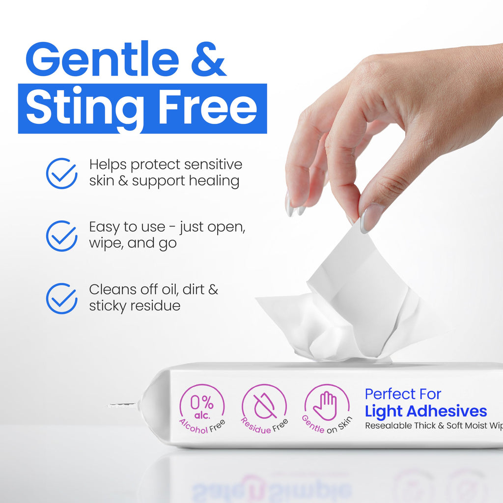 Safe n’ Simple Resealable Adhesive Remover Wipes for Skin - 50 Large 5"x7" No Sting Alcohol Free Medical Adhesive Remover Pads for Ostomy, Stoma Care - Gentle Adhesive Removal Wipes for Bandages, Tape