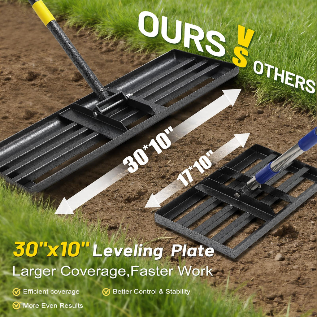 Lawn Leveling Rake,30x10 Inch Ground Plate,72 Inch Adjustable Long Handle Yard Level Tool with Curved Edge,Heavy Duty Large Landscaping Lawn Leveler for Grass, Golf Field, Soil Sand Dirt Spreader