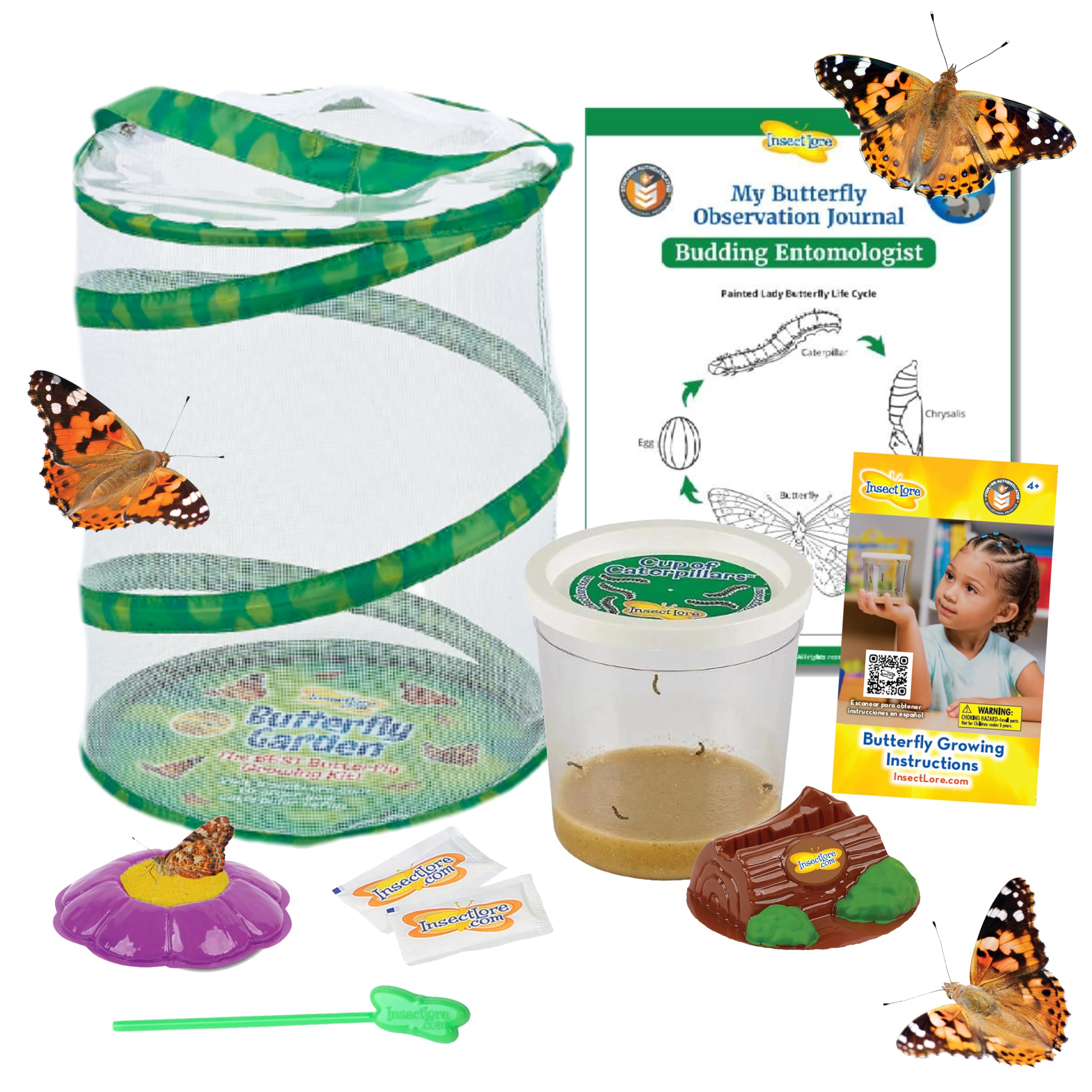 Insect Lore Butterfly Garden Kit - 5 Live Baby Caterpillars, Habitat, Feeder, Chrys-A-Lid Log, STEM Journal Included - Grow, Raise and Release Painted Lady Butterflies