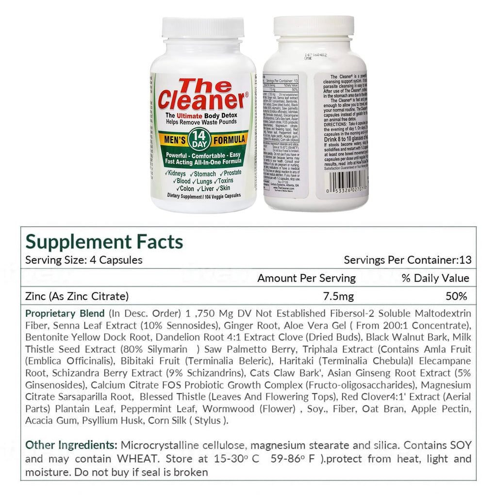 Century Systems The Cleaner Detox, Powerful 14-Day Complete Internal Cleansing Formula for Men, Support Digestive Health, 104 Vegetarian Capsules