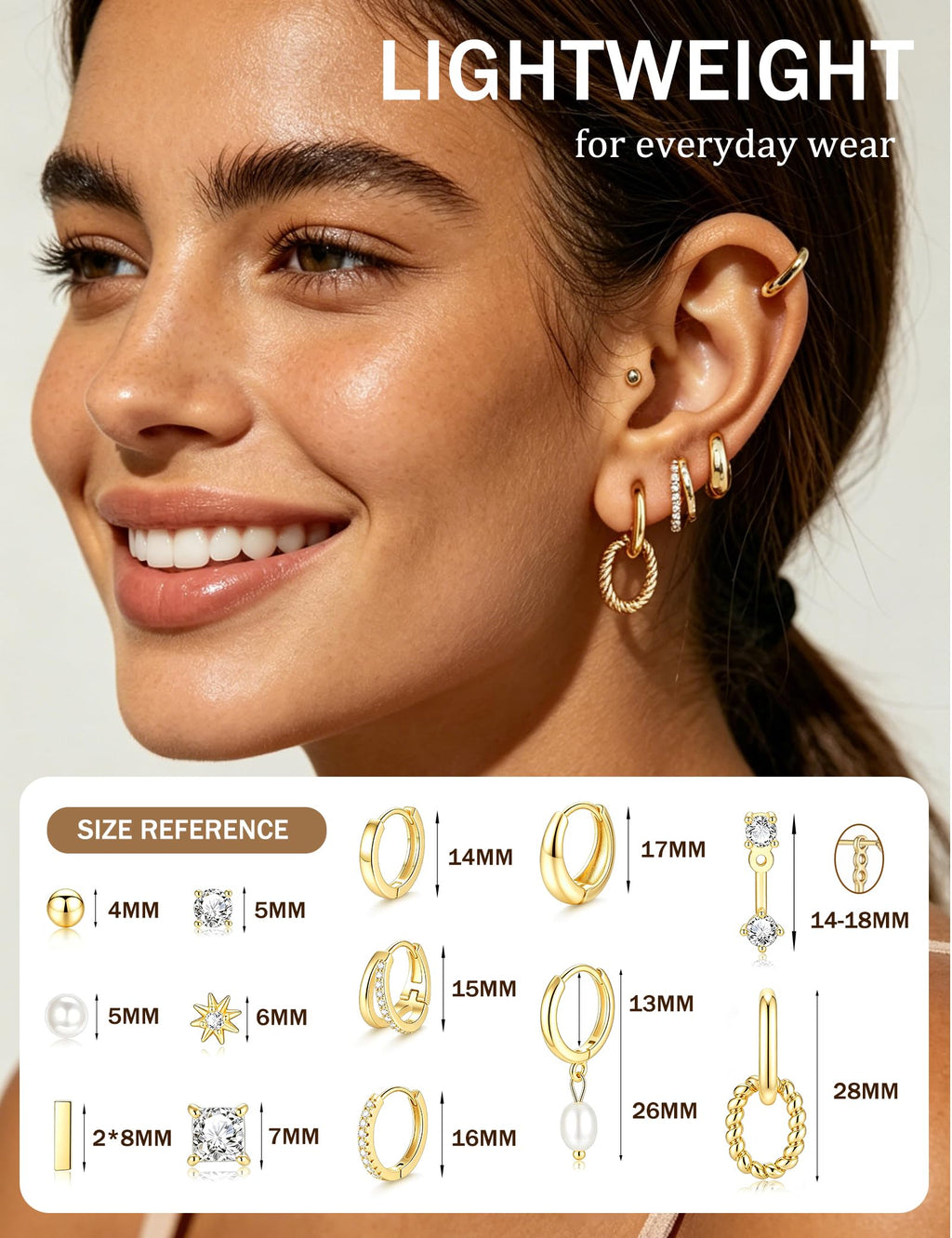 13 Pairs Gold Earrings for Women, 14K Plated Hypoallergenic Stackable Set