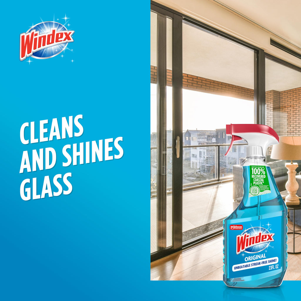Windex Glass and Window Cleaner Spray Bottle, Bottle Made from 100% Recycled Plastic, Surface Cleaning Spray, Original Blue Scent, 23 Fl Oz (Pack of 6)