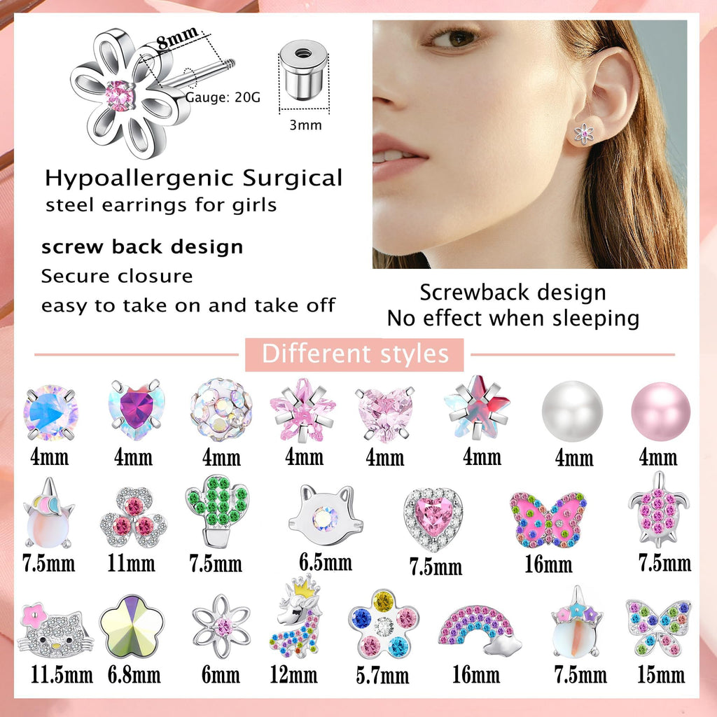 24 Pairs Stainless Steel Flat Back Earrings for Girls Women-Secure and Comfortable Screwback Earrings with Diverse Designs, Perfect for Multiple Piercings and Everyday Wear