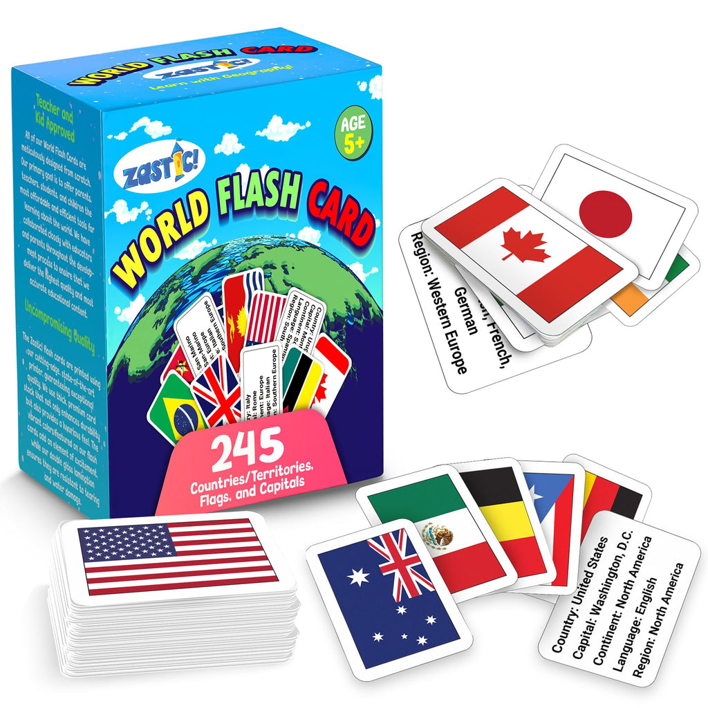Zastic! World Flags Flashcards - 245 Country Flags, Capitals, Languages & Continents - Gloss Laminated Kids Geography Flash Cards