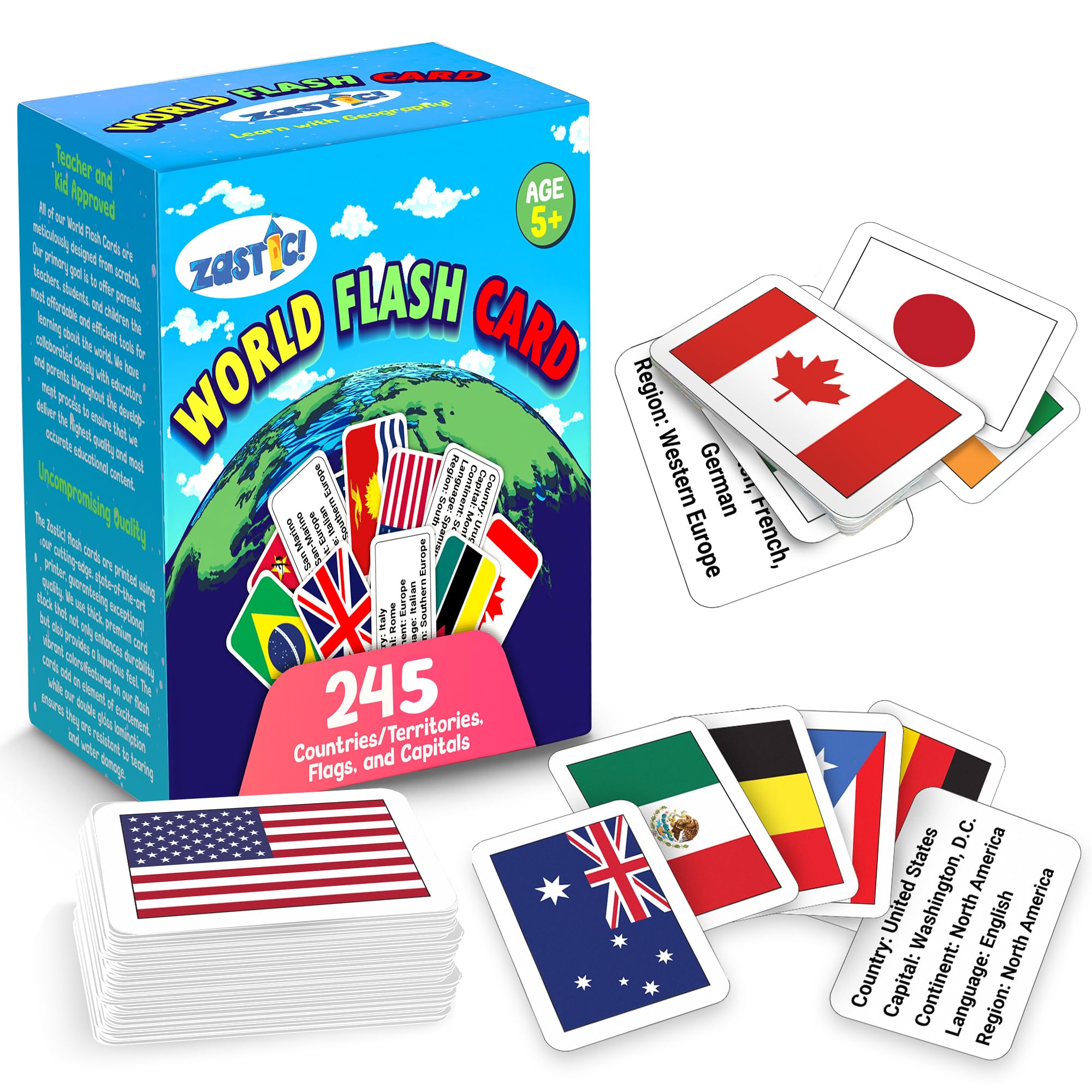 Zastic! World Flags Flashcards - 245 Country Flags, Capitals, Languages & Continents - Gloss Laminated Kids Geography Flash Cards