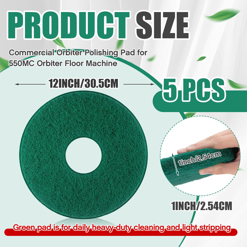 Teenyyou 5 Pcs 12" Cleaning Orbiter Pads Commercial Floor Buffer Pads Hardwood Floor Maintenance Scrubber Polisher Cleaning and Stripping for Orbiter Machine (Green)
