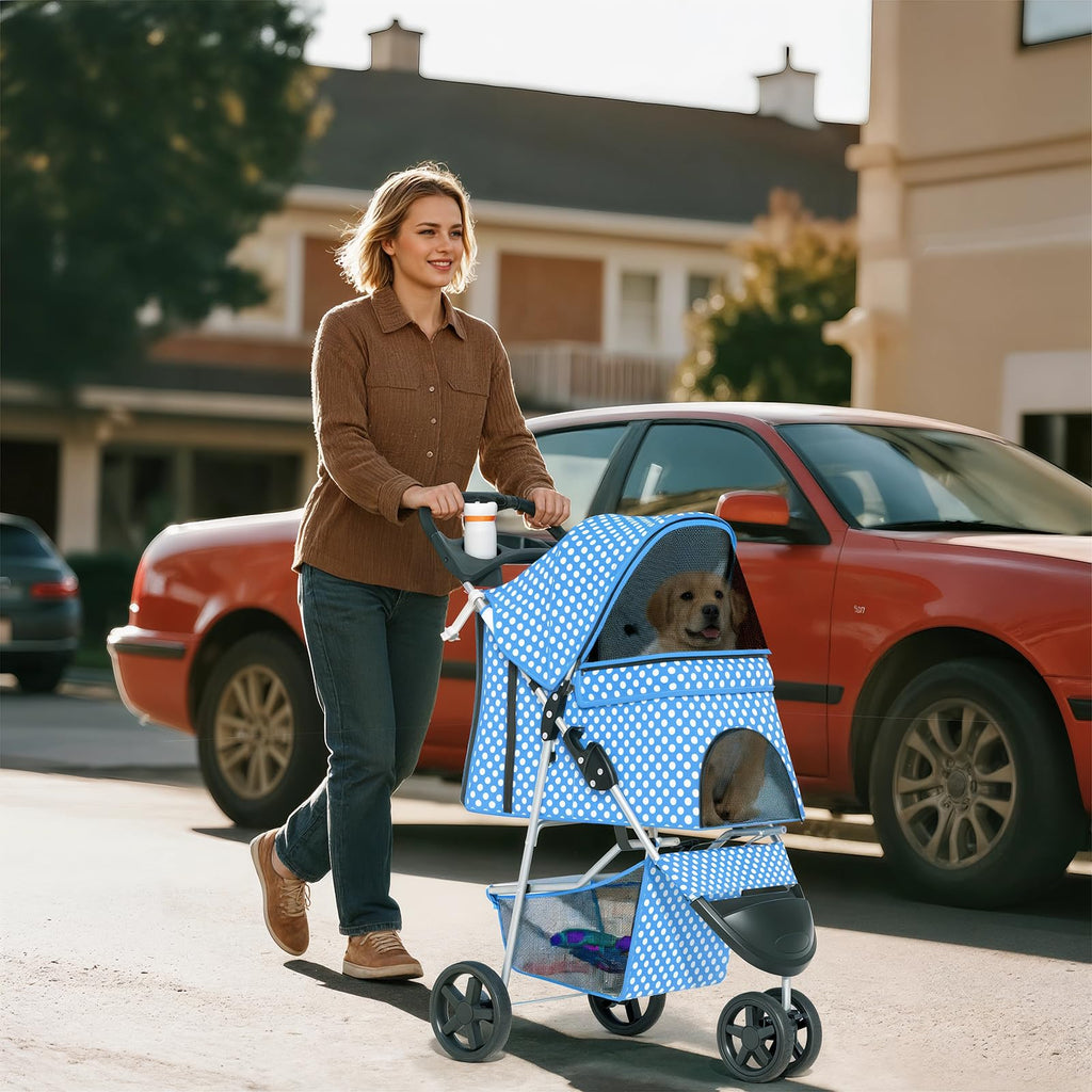 Pet Stroller for Small Dogs 10 lbs, Dog Stroller for Medium Dogs 30 lbs, Cat Strollers for 2 Cats, 3 Wheels Foldable Jogger Puppy Stroller with Storage Basket and Cup Holder, Blue Polka Dots