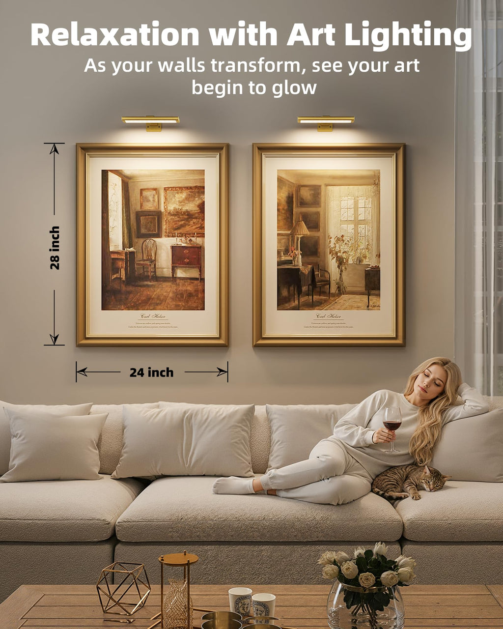 EZVALO Picture Light for Wall, Rechargeable 2400mAh Battery Lights Wireless with IR Remote, 3 Color & Dimmable Magnetic 7.87'' LED Lights Display for Painting, Living Room, Gallery, Bedroom(Gold-3P)