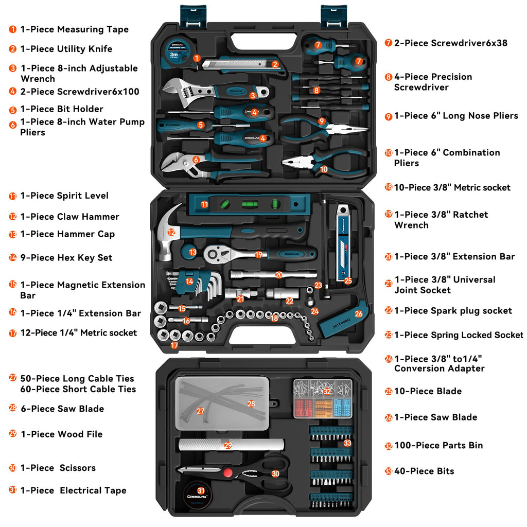 CRESOLVIA 328 Piece Tool Kit For Home,Hand Repair Tool Set,Toolbox Storage Case with Drawer,General Household/Auto Tool Set,Perfect for Homeowner, DIY, Handyman (Blue and black)
