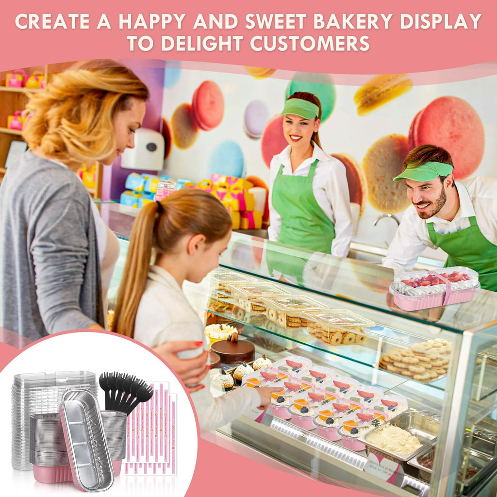 YQER 100 Pack Mini Loaf Pans with Lids and Spoons Sealing Sticker, 6.8oz Mini Cake Pans for Baking, Disposable Aluminum Foil Loaf Pans, Pink Loaf Baking Pans, Small Cake Containers With Lids