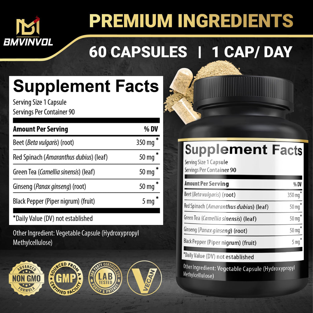 BMVINVOL Beet Root Capsules - Green Tea, Red Spinach, Ginseng, Black Pepper - 90 Count- 3 Month Supply