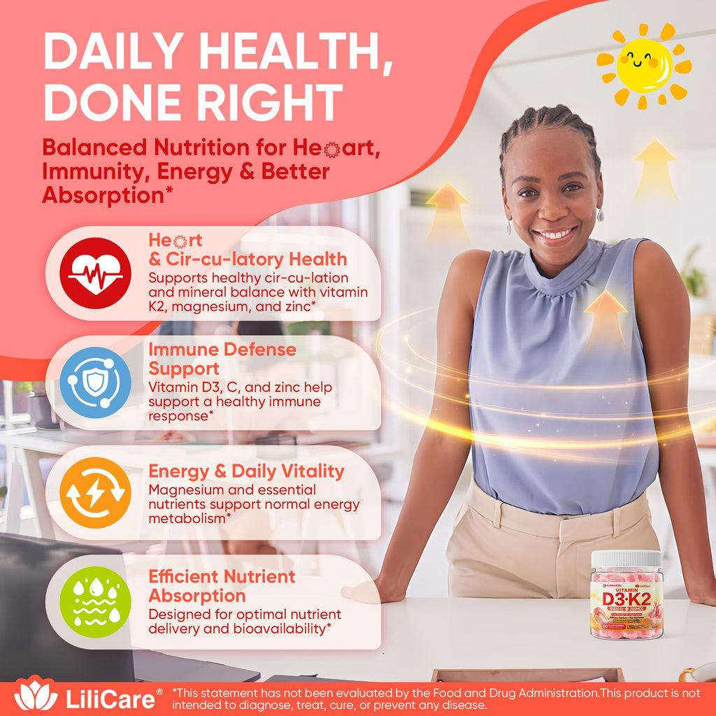 Vitamin D3 K2 Filled Gummies 5000IU / 10,000 IU with 500mg Calcium + K2(MK-7) 200mcg, Magnesium, Vitamin C & Zinc, Extra Strength - Ultimate Absorbency for Bones Muscles Teeth, Vegan -- Pack of 2