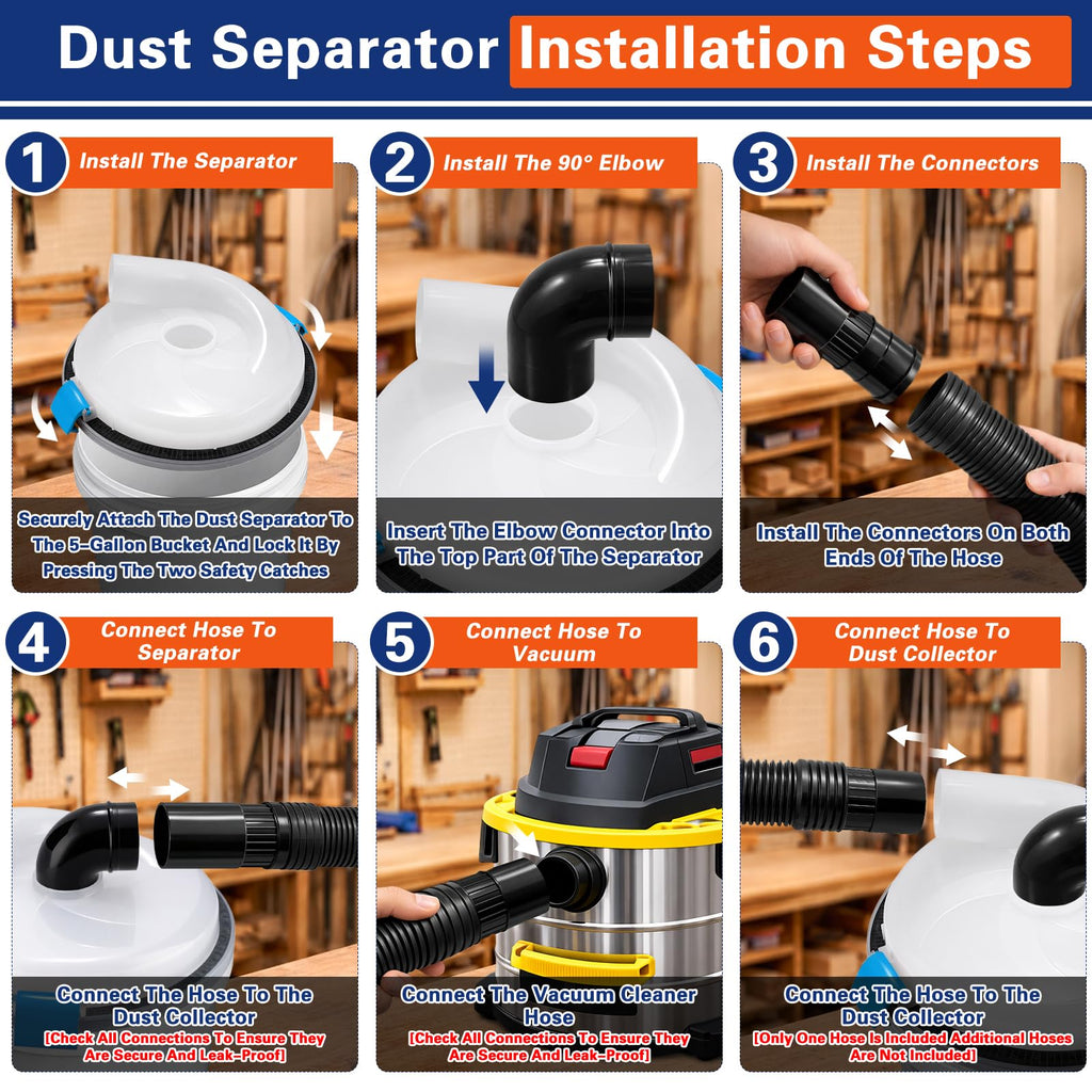 Cikawit Dust Separator - High-Efficiency Cyclone Dust Separator, Dust Separator for Standard 5 Gallon Buckets, Wet & Dry Debris, Includes 90° Elbows & 2-1/2” Hose