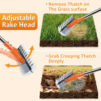 Thatch Rake -15 Inch Dethatcher Rake with Adjustable Handle, Efficient Steel Metal Rakes with Handle,Heavy Duty Thatching Rakes for Lawn,Garden, Yard