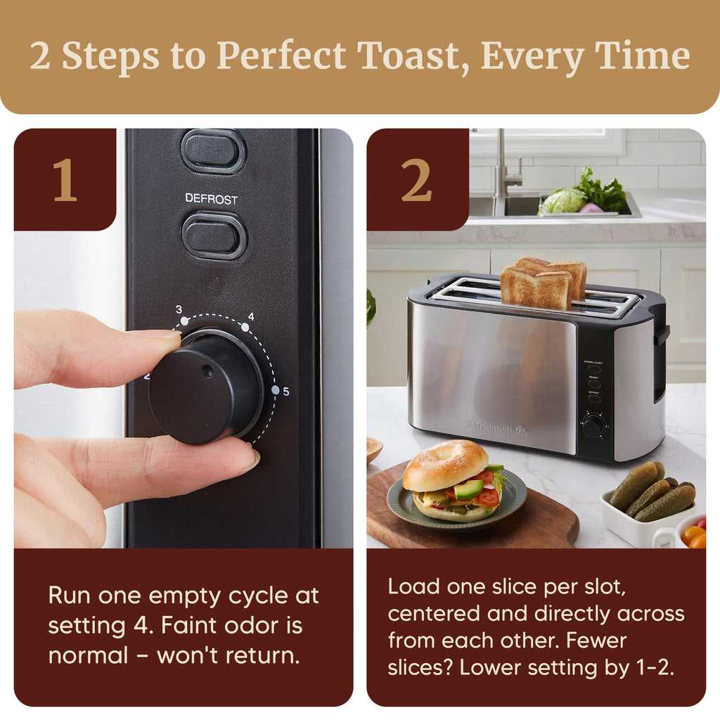 Elite Gourmet ECT-3100 4-Slice Long Slot Toaster | Extra Wide Slots for Bagels, Sourdough & Texas Toast | 6 Browning Settings | Reheat, Defrost & Cancel | Built-In Warming Rack | Stainless Steel