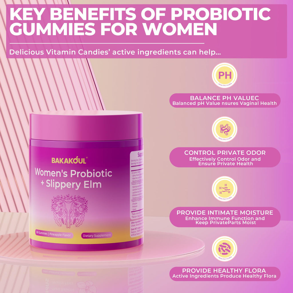 BAKAKOUL Feminine Probiotics Gummies for Women, Vaginal Probiotics with Slippery Elm,Prebiotics & Probiotics Supports pH Balance,Immune Health, Vegan, Non-GMO, Pineapple Flavor,120 Gummies 2 Pack