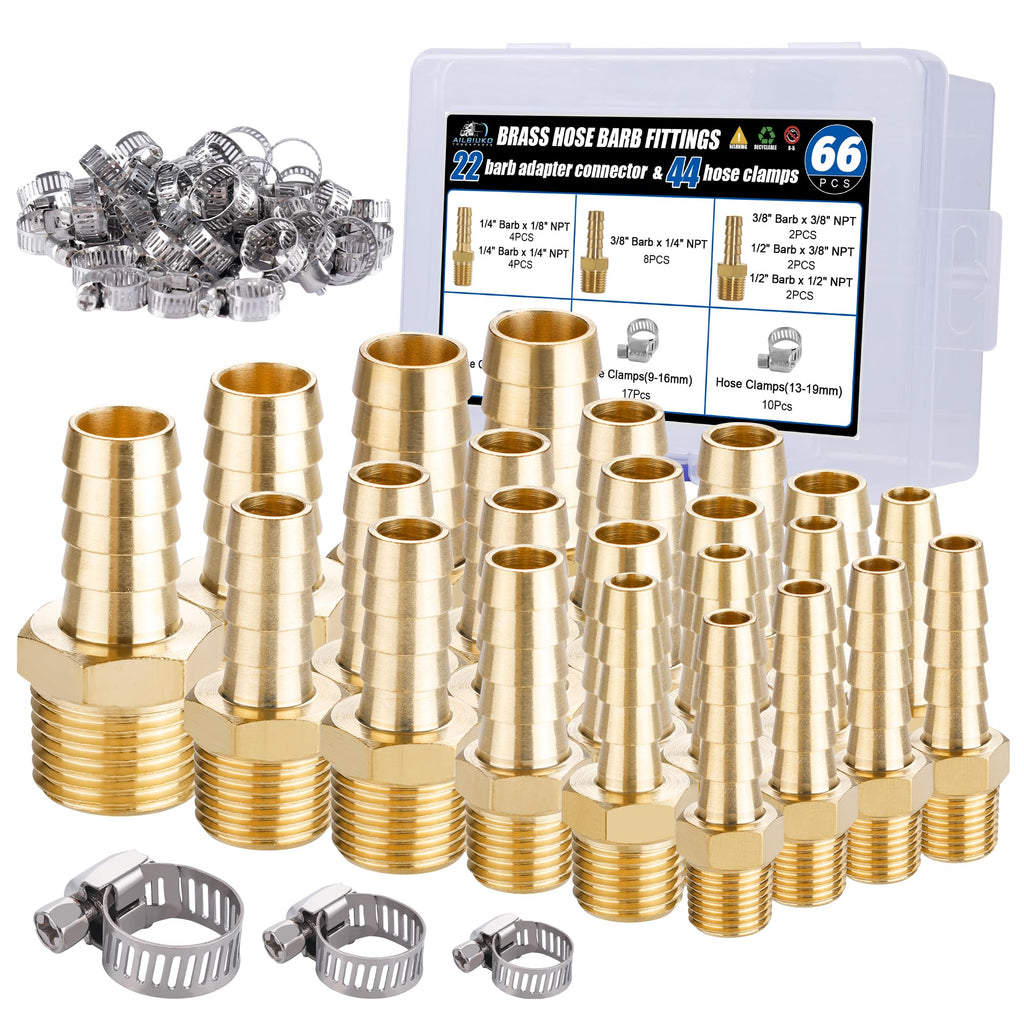 Ailbiuko 22Pcs Brass Hose Fittings, 3/8" Barb to 1/4" NPT, 1/4" Barb to 1/4" NPT Male, 1/8" 1/4" 3/8" 1/2" Barbed Air Hose Kit with 44Pcs Pipe Hose Clamps