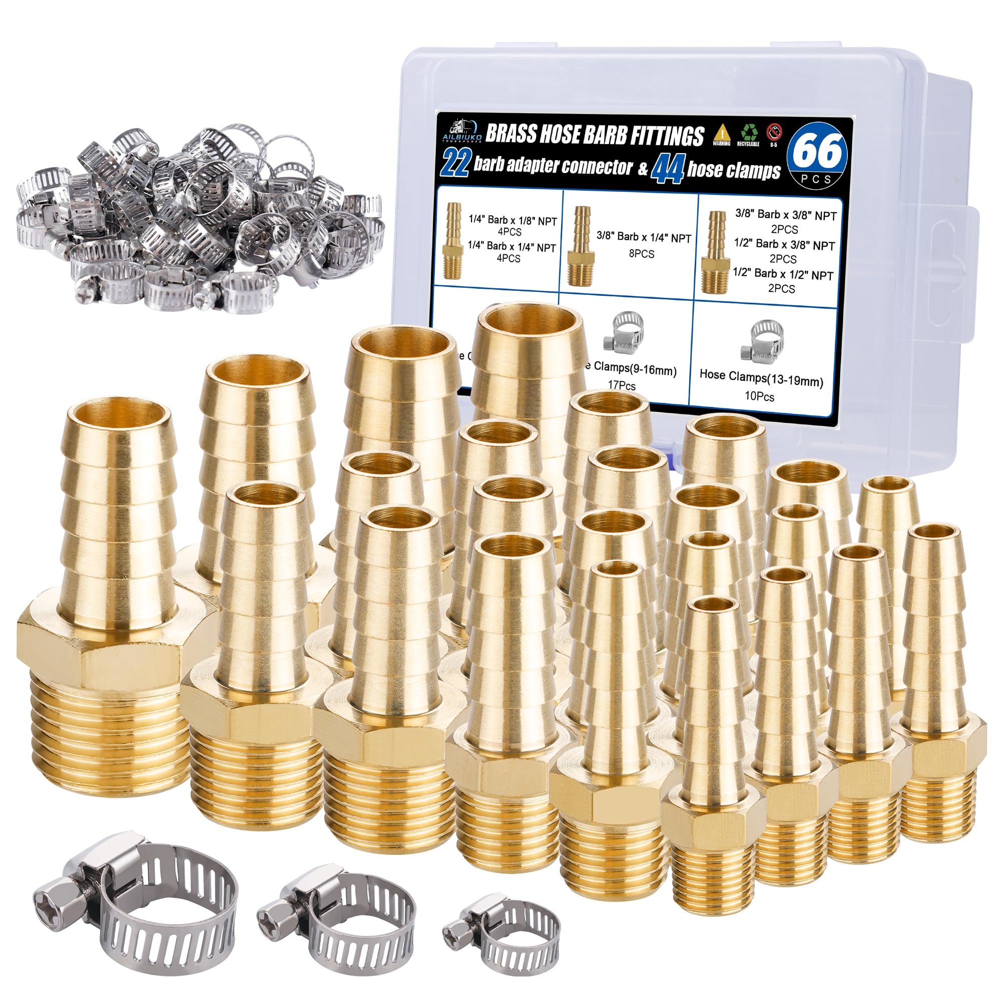 Ailbiuko 22Pcs Brass Hose Fittings, 3/8" Barb to 1/4" NPT, 1/4" Barb to 1/4" NPT Male, 1/8" 1/4" 3/8" 1/2" Barbed Air Hose Kit with 44Pcs Pipe Hose Clamps