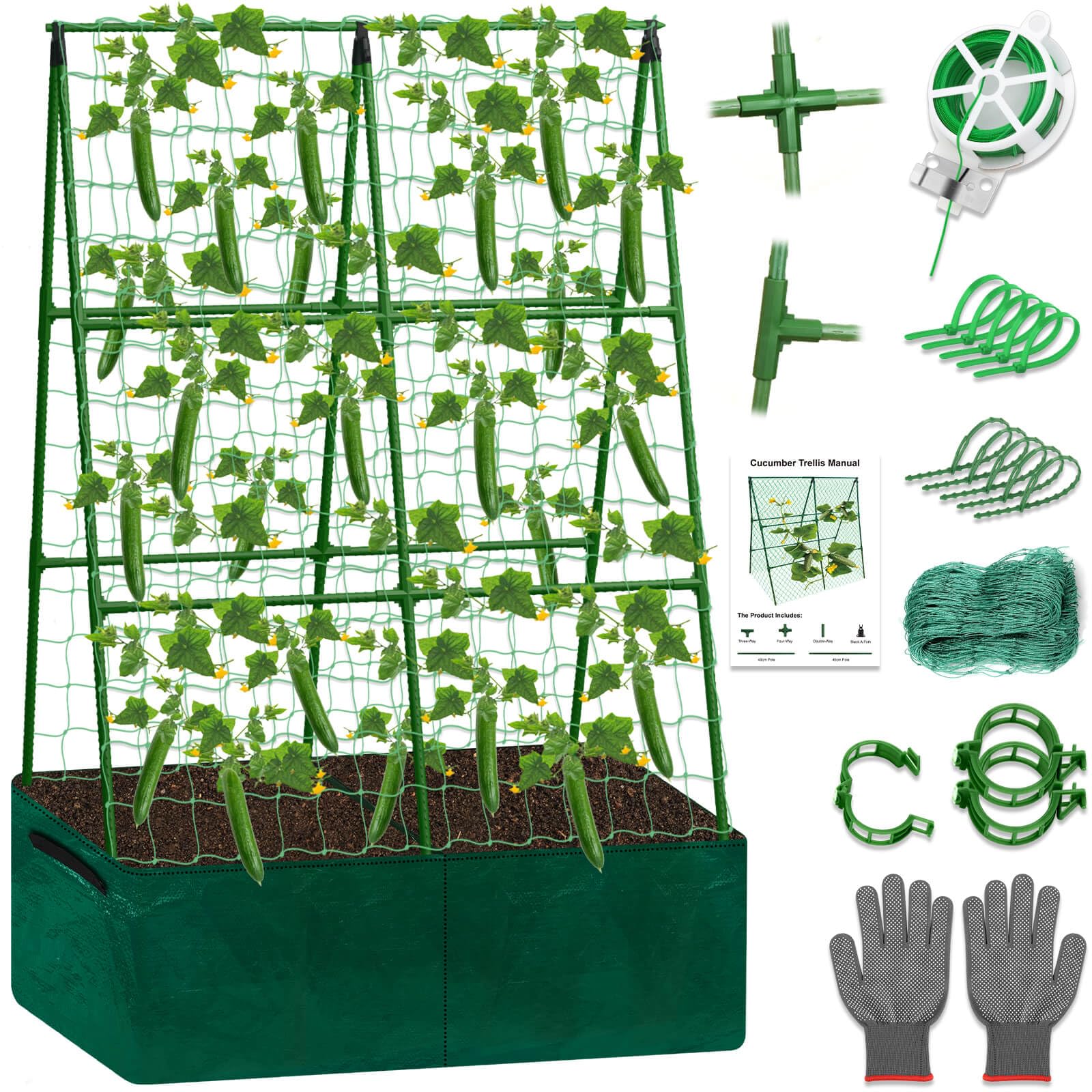 Tidponra Cucumber Trellis for Garden, 34 X 47 Inches A Frame Gardening Trellis with Fabric Raised Garden Bed, Climbing Net and Plant Support Clips for Climbing Plants