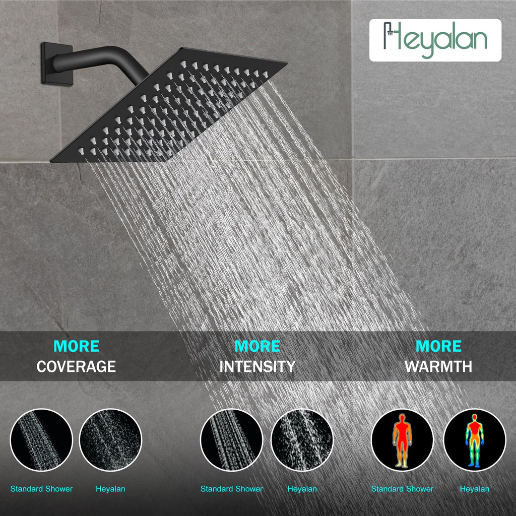 Heyalan Shower Faucet Set with Valve, Bathroom Rainfall Shower System, Wall Mount Single Handle Shower Trim Kit, Rainfall Fixed Shower Head, 8 Inch Square Shower Head, Matte Black
