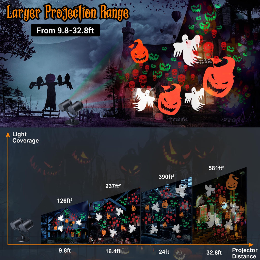 Toodour Halloween Projector Lights Outdoor, Double Head Dynamic Halloween Lights Projector with Timer, Waterproof Ghost Skeleton Devil Pumpkin Light for Home Window Wall Decor