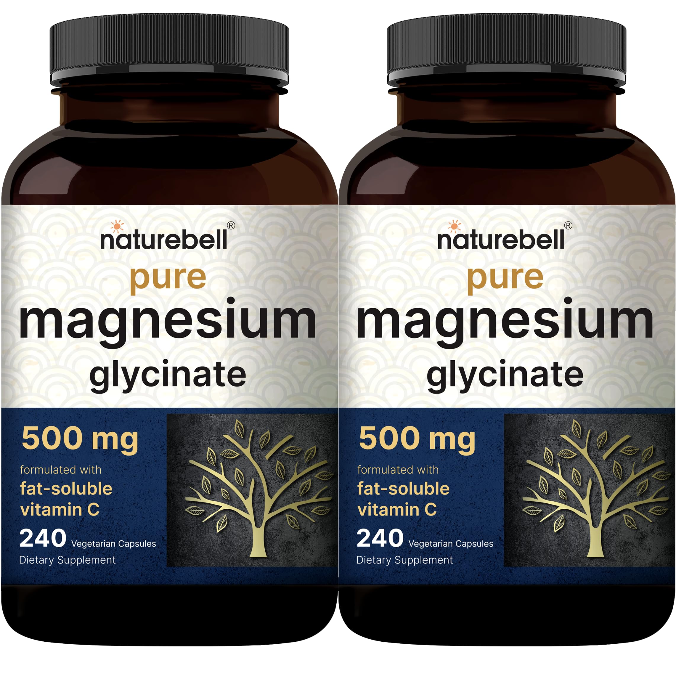 Pure Magnesium Glycinate 500mg with Fat Soluble Vitamin C, 480 Veggie Capsules (2 Pack) – 100% Chelated & Purified – 3rd Party Tested, Filler Free, Vegan Friendly, Non-GMO