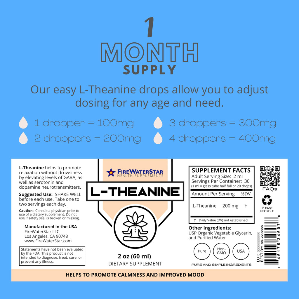 FWS L Theanine Liquid Drops, 200mg 99% Pure Bioactive L-Theanine, Organic, Natural, Vegan, Non GMO Helps to Promote Calmness, Relaxation, Improved Mood, Restful Sleep, for Adults and Kids