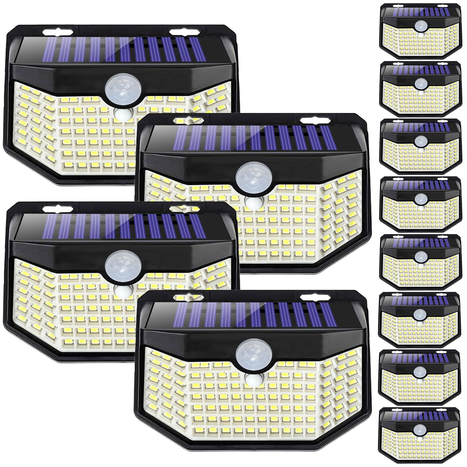 HMCITY 120 LED Outdoor Solar Lights with Motion Sensor and 3 Lighting Modes, IP65 Waterproof Wide Solar Wall Lights Ideal for Garden Patio Yard (Front Button 12Packs, Black Shell-Daylight White)