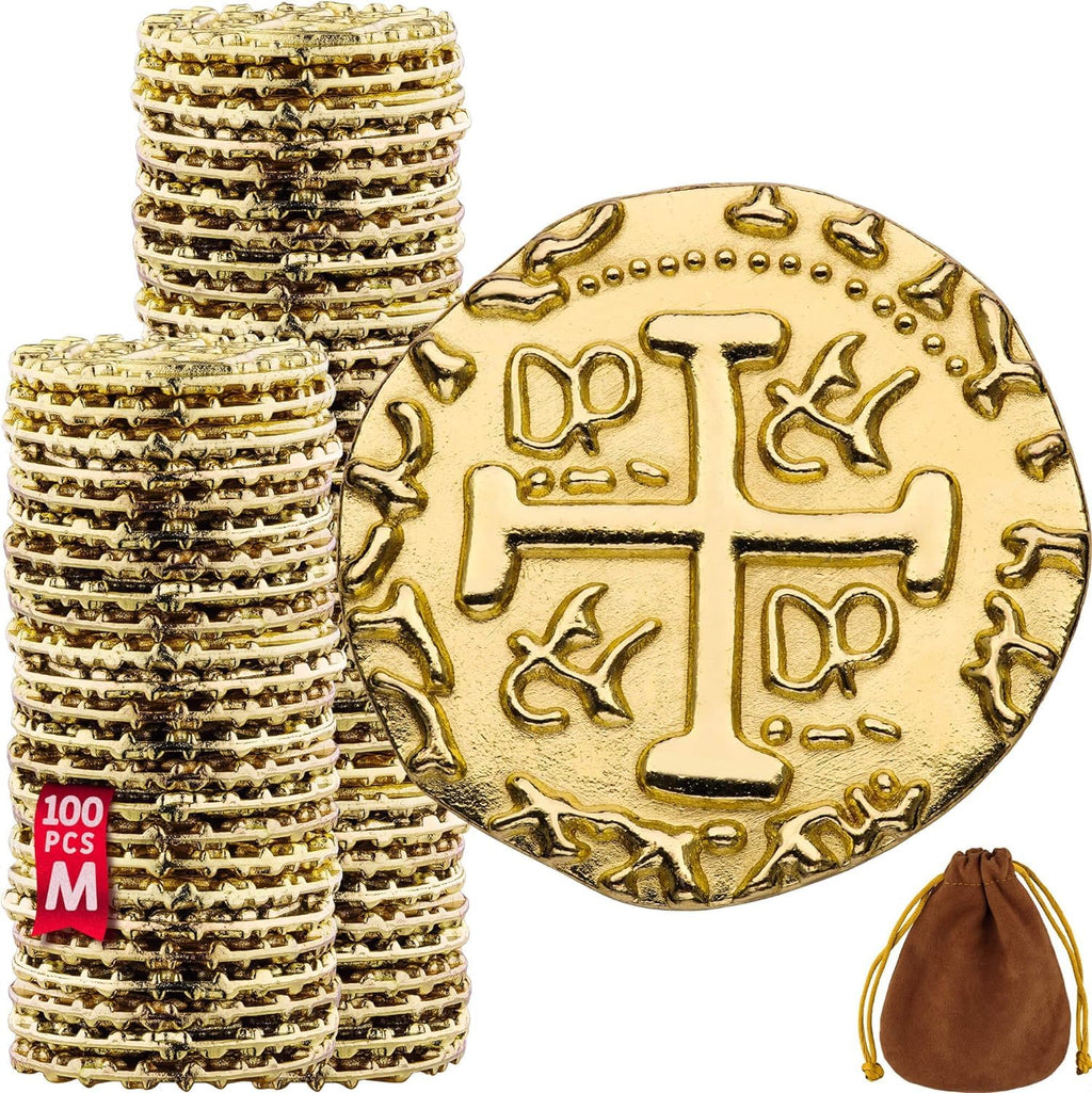 Leib Games Metal Pirate Coins - 100 Gold Treasure Coin Set, Metal Replica Spanish Doubloons for Halloween Pirate Party Decorations & Favors, Tokens, Toys, Cosplay - Pirate Treasure Chest, Size 7/8"