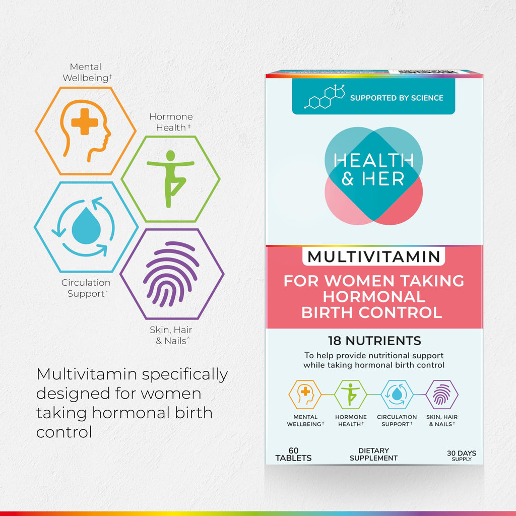 Health & Her Multivitamin Supplement for Women Taking Birth Control - Nutrition Support - 1 Month Supply, 60 Tablets - Vegan & Gluten Free