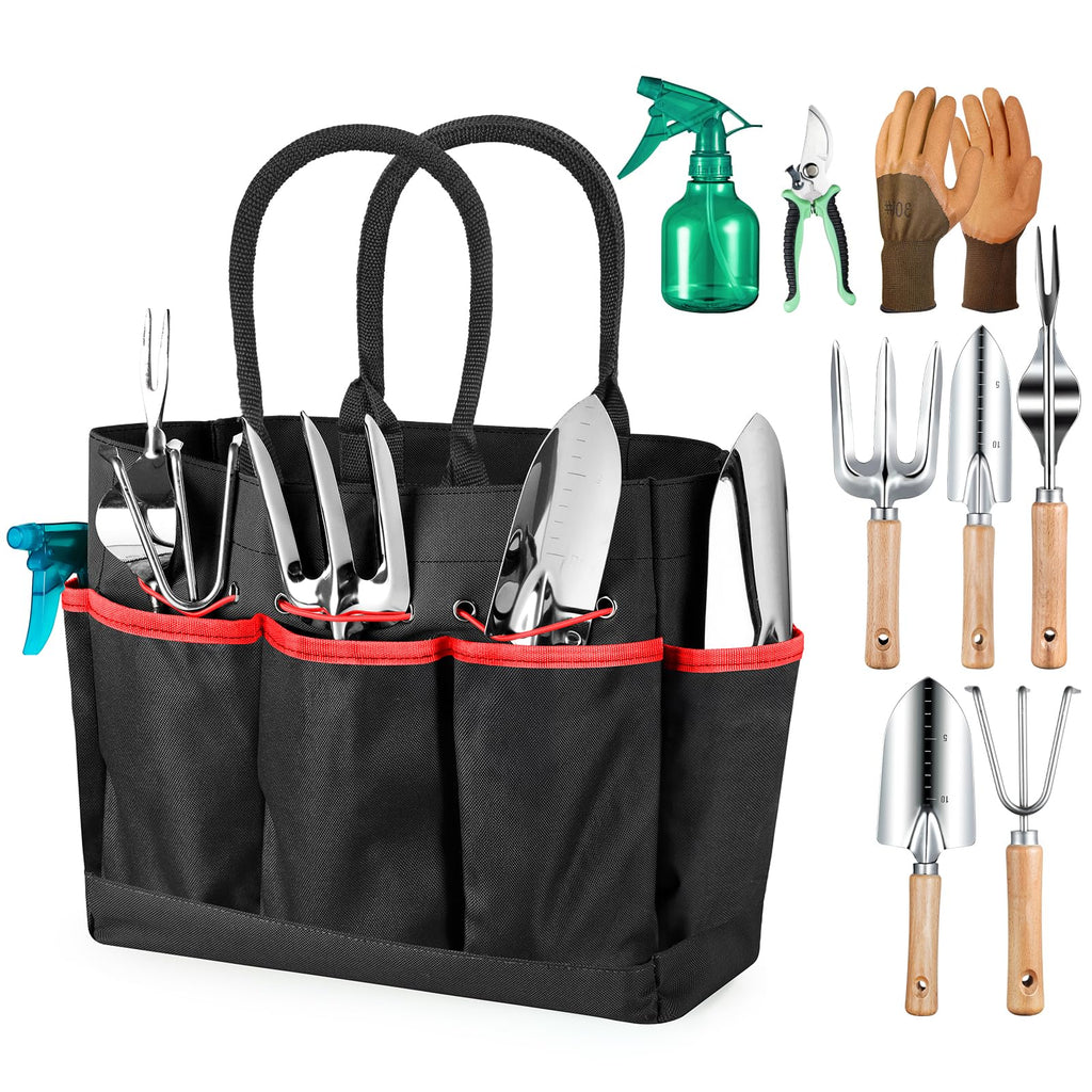 Grenebo 9-Piece Gardening Tools Set with Fashion Handbag, Black Red