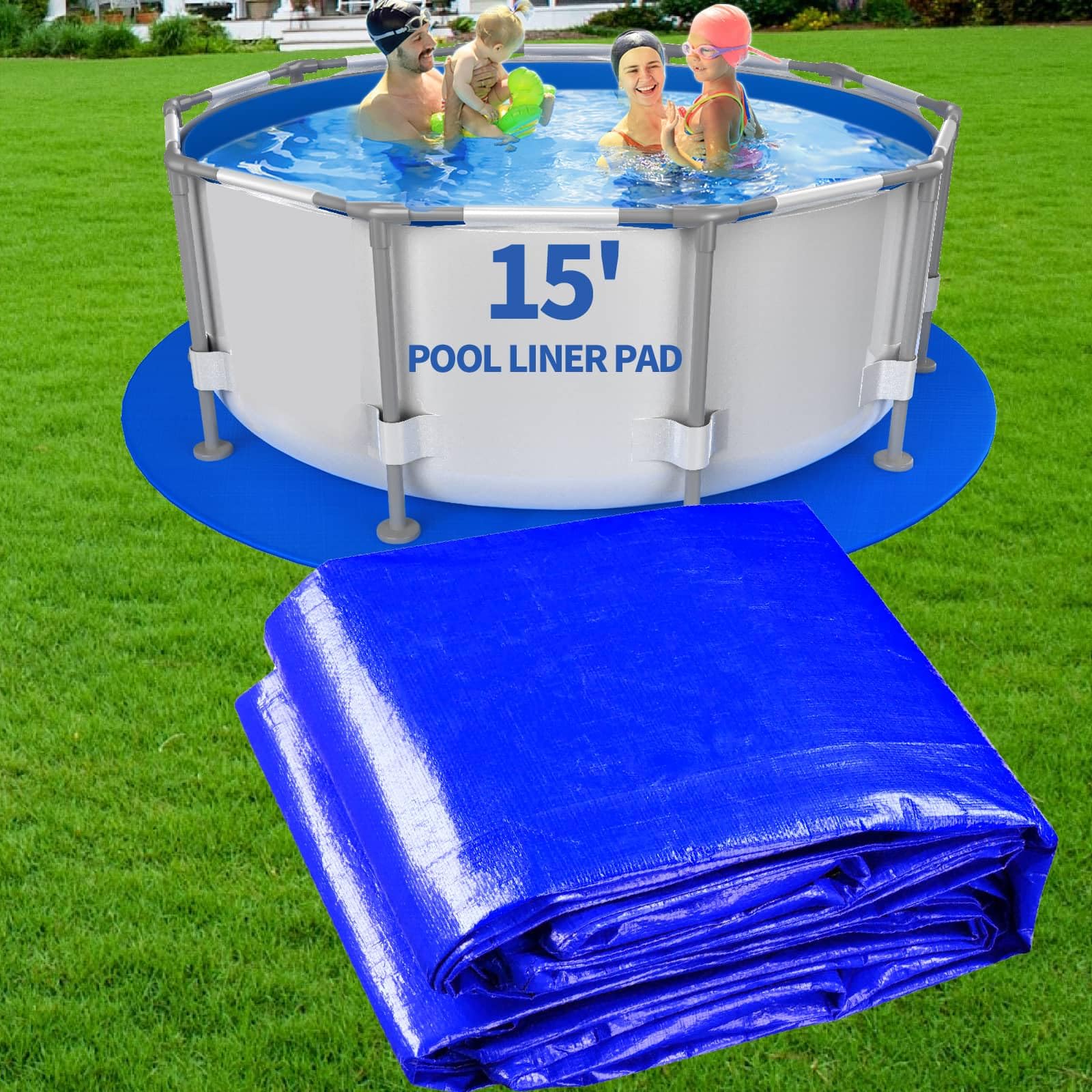 15FT Round Pool Liner Pad for Above Ground Pools, Thickened Puncture-Resistant Under Mat, Heavy-Duty Underlayment, Outdoor Tarp Protector for Concrete/Lawn, Pool Floor Base Pad, Extends Liner Life