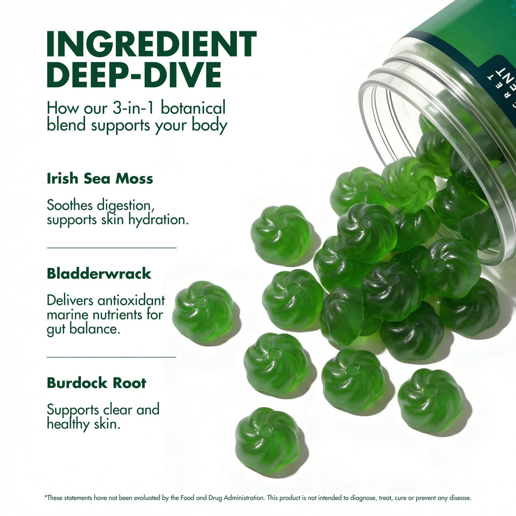 Secret Element Sea Moss Gummies 1300MG for Women and Men, Irish Sea Moss with Bladderwrack & Burdock Root, Vegan Sea Moss Gummies, Sugar Free, Non-GMO, Apple Flavor, 60 Gummies