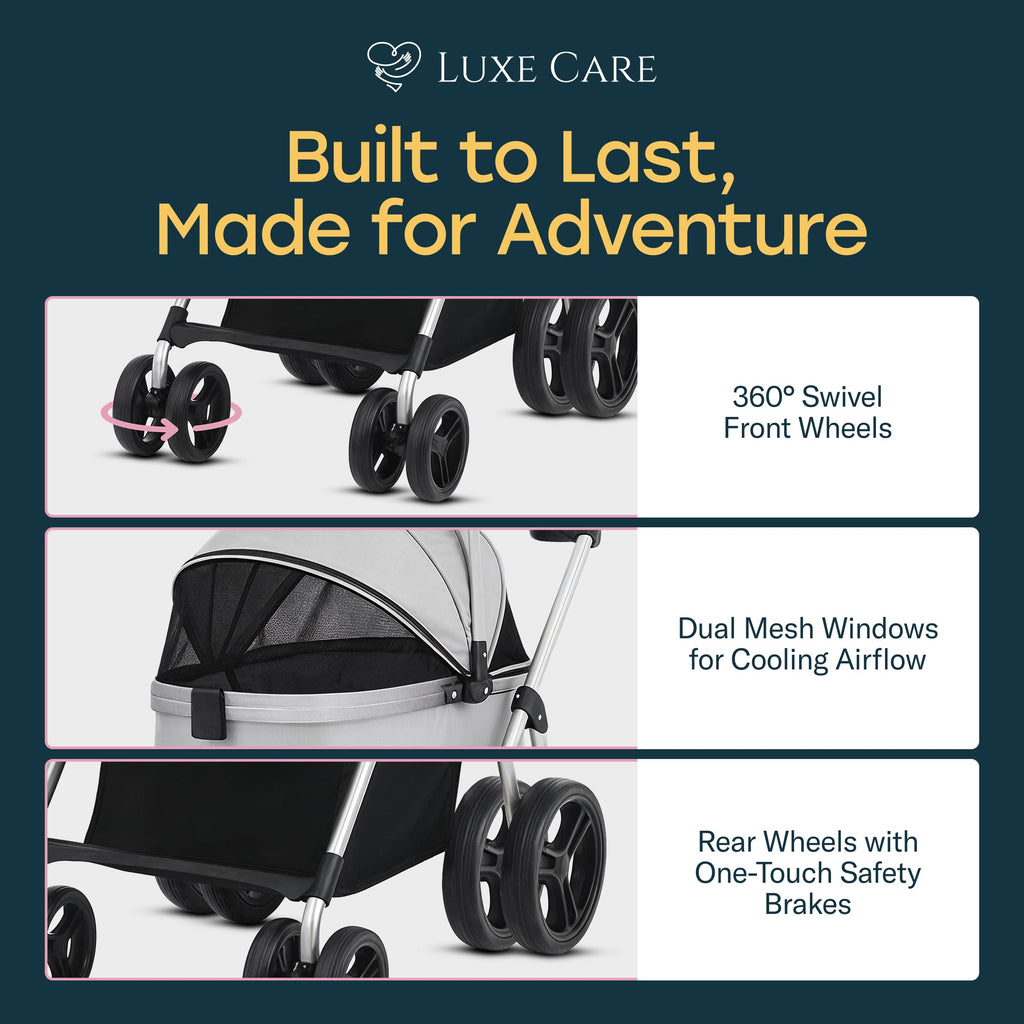 LUXE CARES 4 Wheel Foldable Pet Stroller - Lightweight Dogs and Cats Stroller Upto 50lbs with Mesh Canopy, Storage Basket and Cup Holder, Durable for Walks and Outings (Medium)