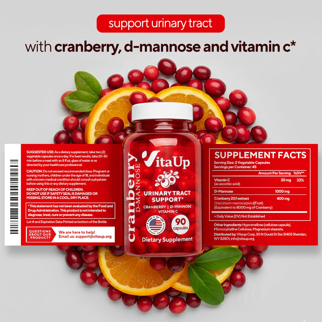 VitaUp D mannose with Cranberry and Vitamin C - USA Made D-mannose 1000mg Capsules - Cranberry Pills for Urinary Tract & Bladder, Immune Support - 90 Count