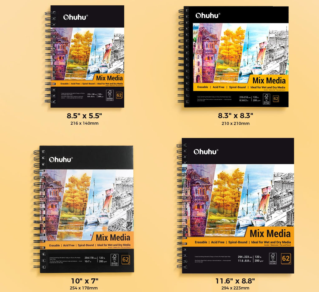 Ohuhu 8.3"x8.3" Mix Media Pad Art Sketchbook 62 Sheets for Painting Drawing