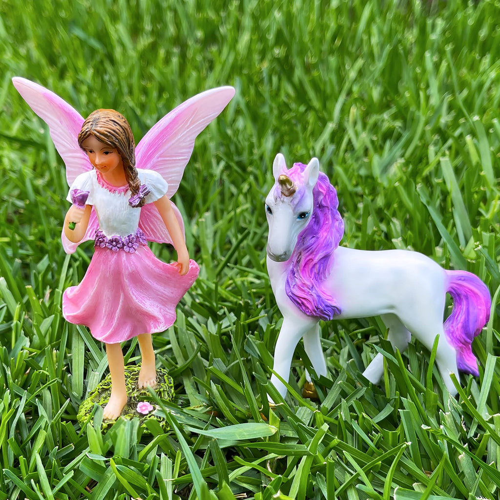Mood Lab Fairy Garden Figurines - Fairy with Unicorn Set (2 pcs) - Miniature Decorative Statues & Accessories - Outdoor & Indoor Decor
