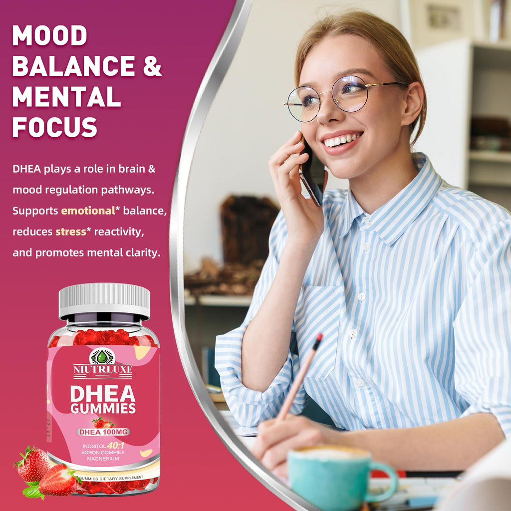 NIUTRLUXE DHEA Gummies, DHEA Supplements for Women, DHEA 100mg 50mg Chewable with Boron, Inositol and Magnesium, Pro-Aging, Ovarian Support, Sleep Support, Vegan, 60 Counts