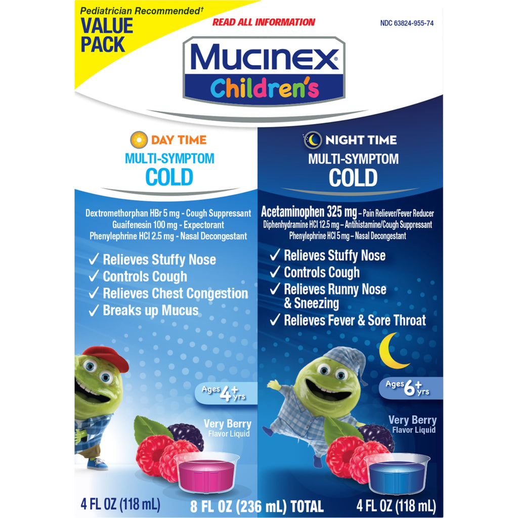 Mucinex Cold & Cough, Children's Multi-Symptom Day/Night Liquid, Very Berry, 8oz (2x4oz) Relieves Nasal & Chest Congestion, Thins & Loosens Mucus, Controls Cough, Reduces Fever, Soothes Sore Throat