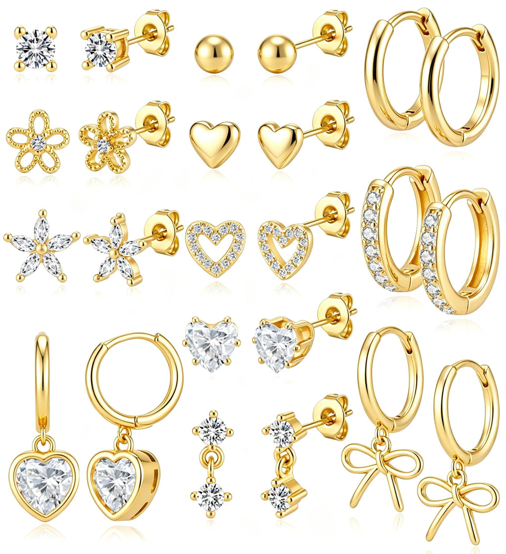 PARIVEA 12 Pairs Small Stud Hoop Earrings Set for Women - 14K Gold Plated Huggie Hoops Hypoallergenic Earring Cute Dainty Flower Heart Stud Earrings for Jewelry Gift, GOLD