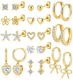 PARIVEA 12 Pairs Small Stud Hoop Earrings Set for Women - 14K Gold Plated Huggie Hoops Hypoallergenic Earring Cute Dainty Flower Heart Stud Earrings for Jewelry Gift, GOLD