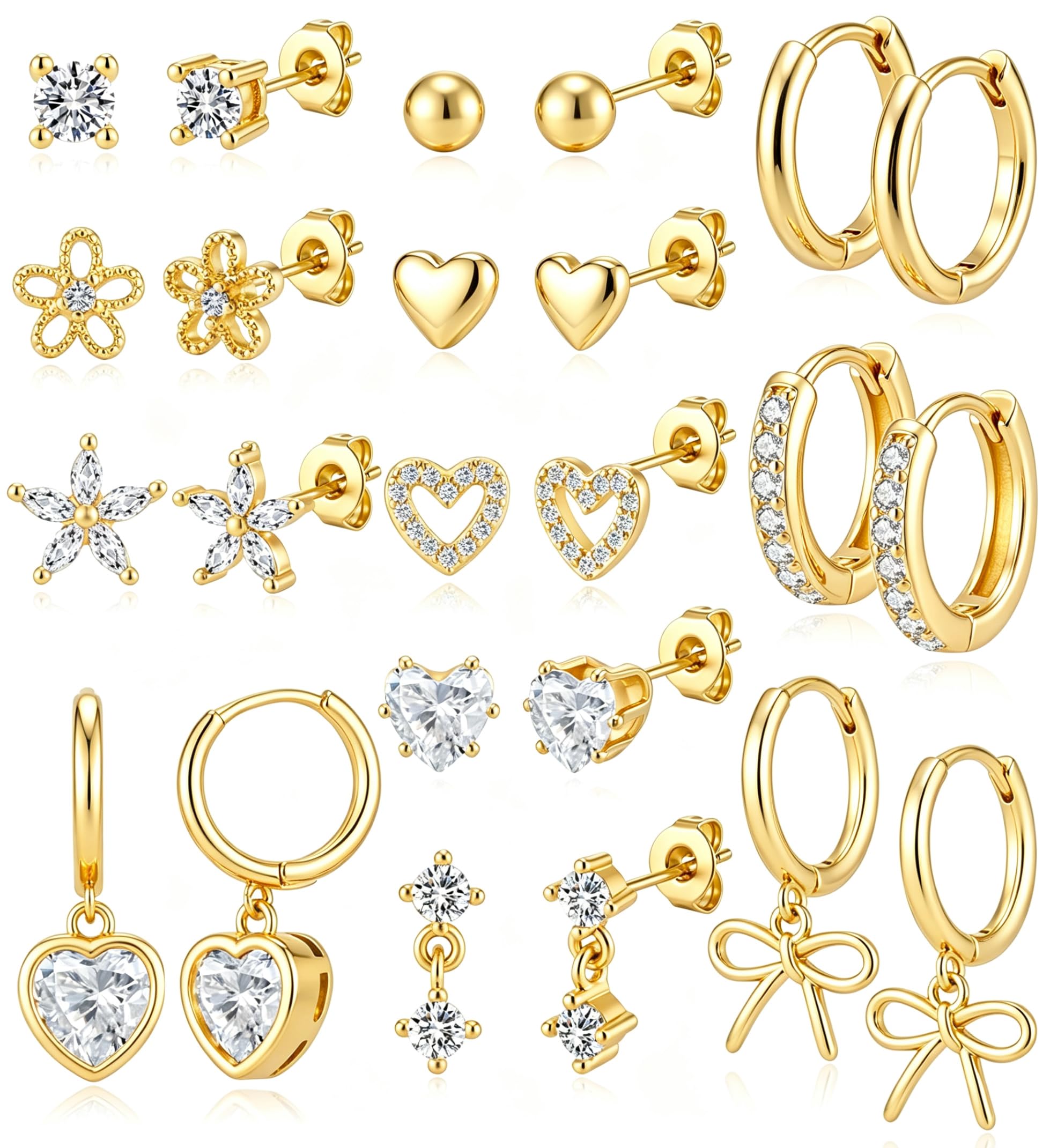 PARIVEA 12 Pairs Small Stud Hoop Earrings Set for Women - 14K Gold Plated Huggie Hoops Hypoallergenic Earring Cute Dainty Flower Heart Stud Earrings for Jewelry Gift, GOLD